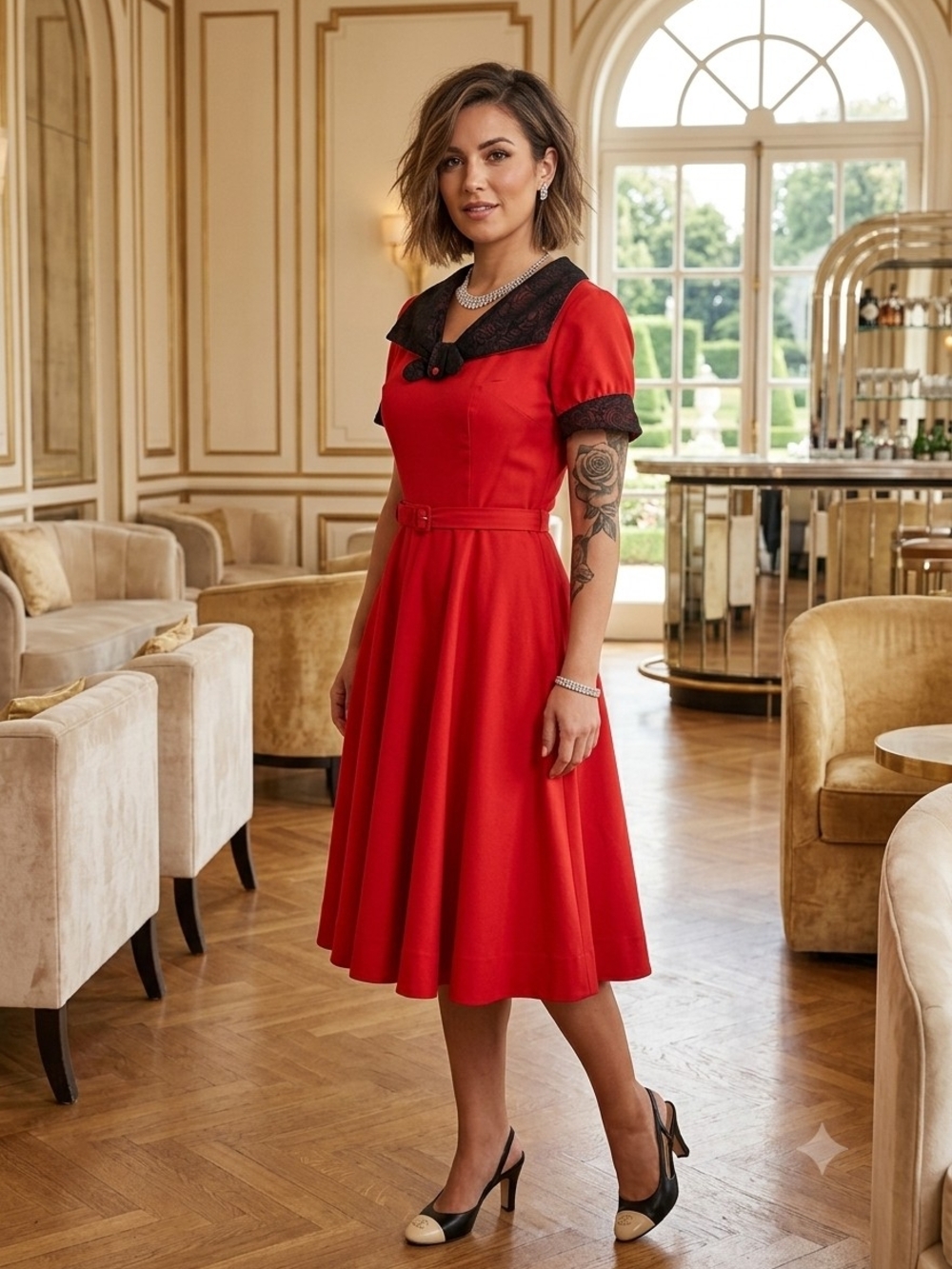 HANDMADE Vintage❤TRUE RED(Not Orange) Fit & Flare Dress/Black Lace Collar Sz XS